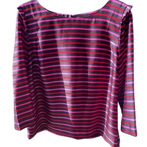 RSVP by Talbots- Shiny Striped Black and Pink Women's Top with Shoulder Ruffle